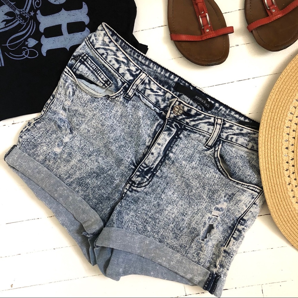 High Waist Acid Wash Distressed Jean Shorts